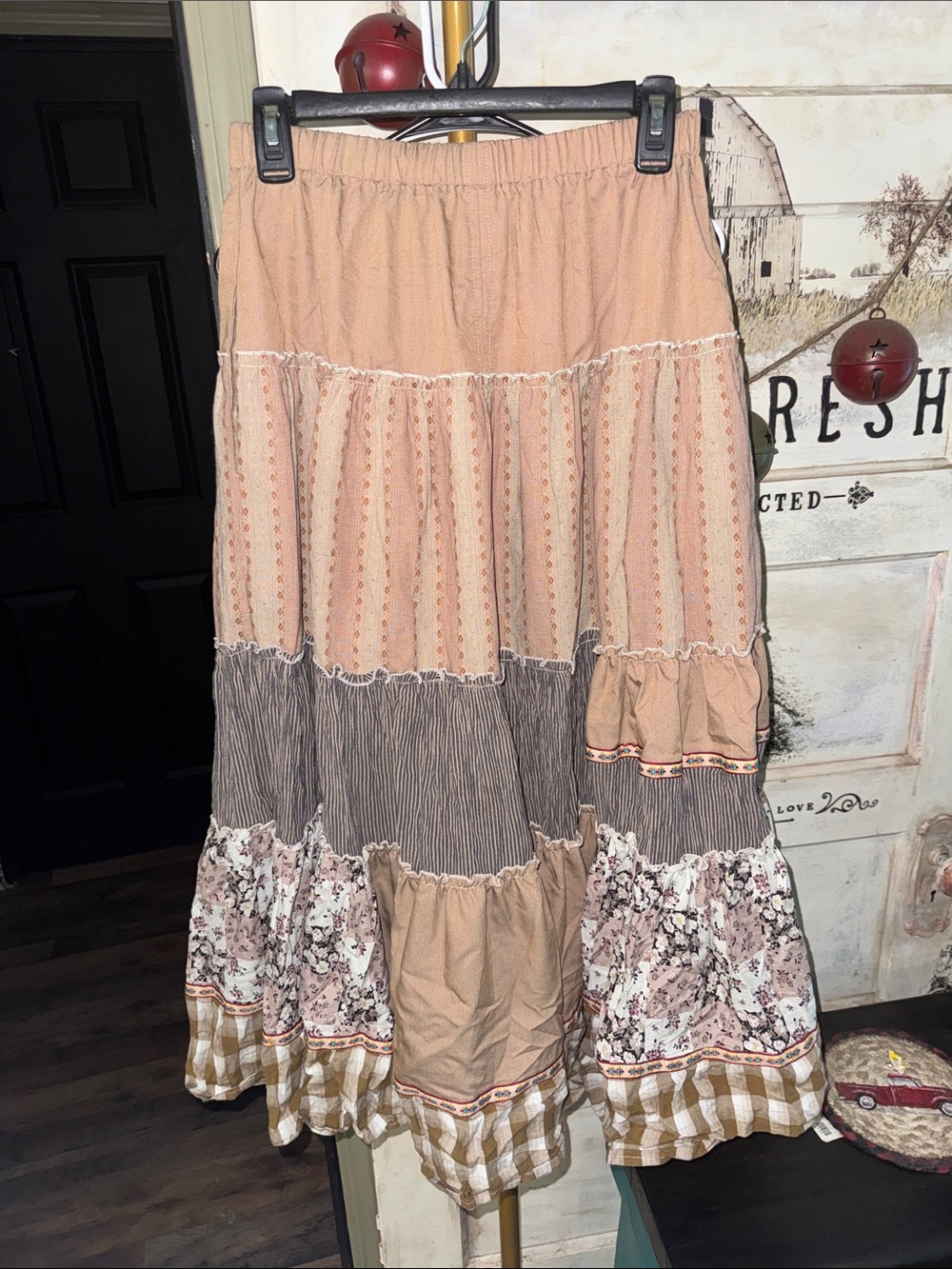 easel Peach and Taupe Tiered Maxi Skirt with Floral & Gingham Panels